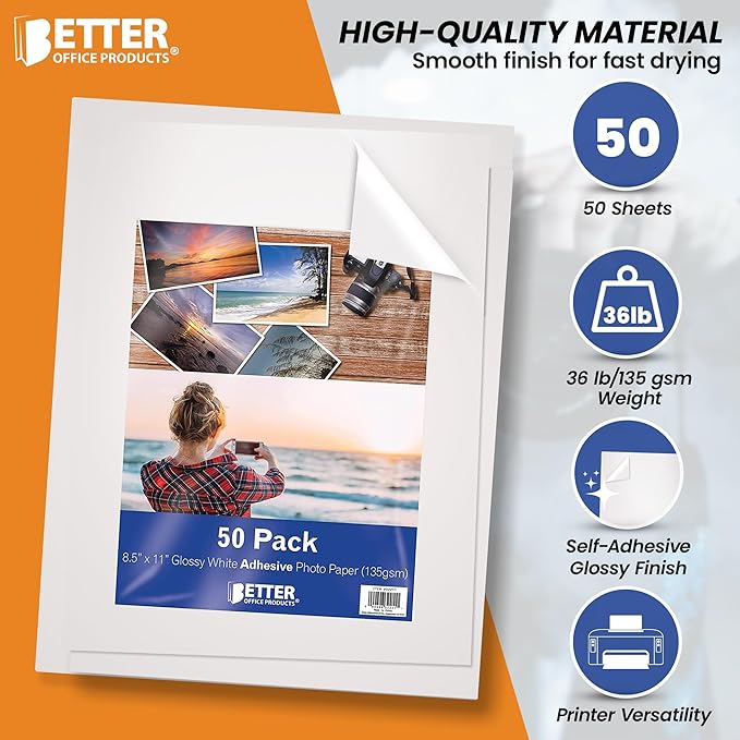 Better Office Products Self-Adhesive Photo Paper, Sticky Photo Paper, Glossy, 8.5 x 11 Inch, 50 Sheets, 135 gsm, Letter Size, 50-Count Pack