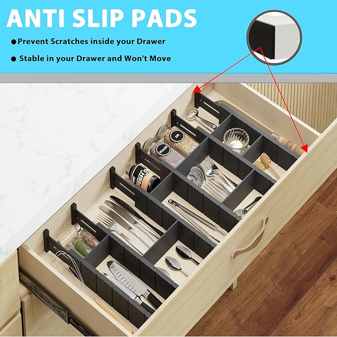 6 Pack Bamboo Drawer Dividers with 12 Inserts, Expandable Adjustable Clothes Drawer Organizers and Storage from 17" to 22" for Kitchen, Bedroom, Dresser, Cosmetics (Black)