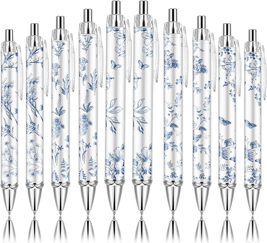 10PCS Blue and White Porcelain Pen 0.5mm Black Ink Fancy Pens Smooth Writing Retractable Ballpoint Pens for Journaling Aesthetic Office Supplies (BlueandWhitePorcelain, 10)