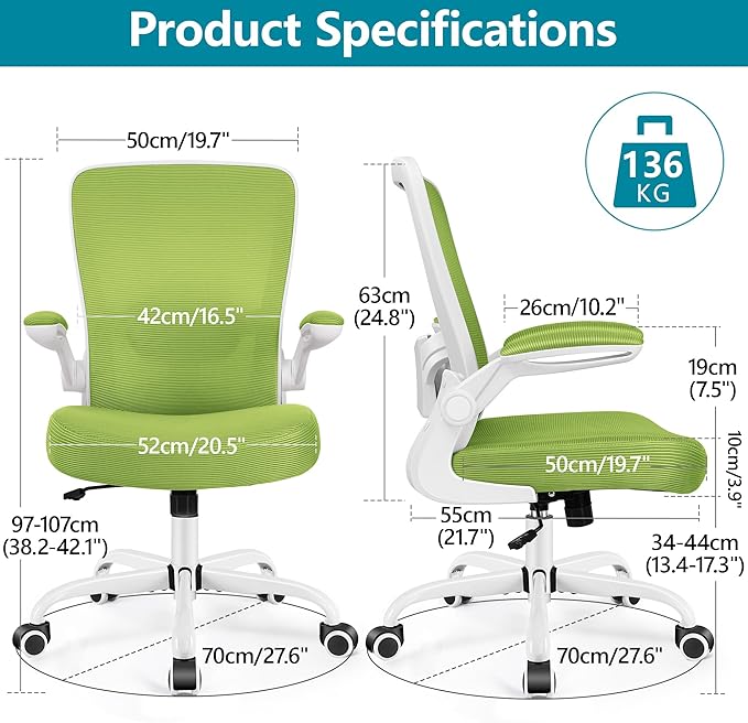 FelixKing Office Chair, Ergonomic Desk Chair Breathable Mesh Chairs with Adjustable High Back Lumbar Support Flip-up Armrests, Executive Swivel Comfy Task Computer Chairs for Home Office Green