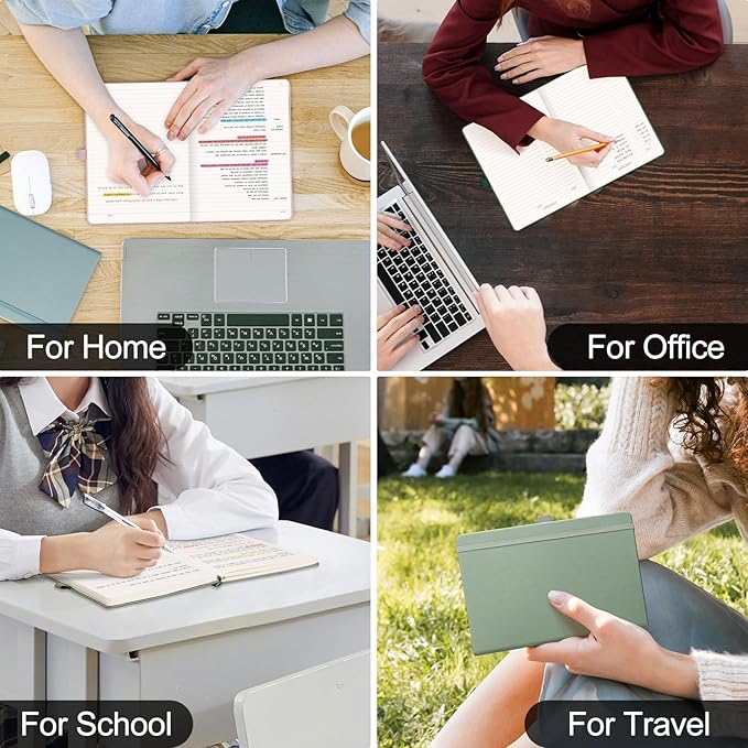 EMSHOI B5 College Ruled Notebook Journal- 400 Pages (200sheets), 7mm Spacing & Vegan Leather Cover for Work, School, Bible Study, Bullet Journaling- with Sticky Notes, Pocket & Pen Holder - Dark Green
