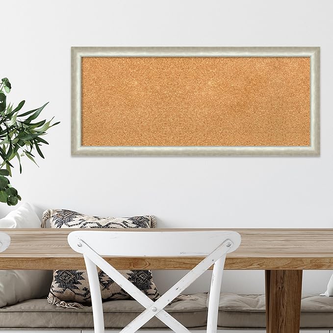 Amanti Art Natural Cork Board for Wall, 14x32 Vision Board with Silver Wood Frame, Medium Corkboard Office Decor for Home Organization, Modern Contemporary Corkboard Pinboard to display items for home