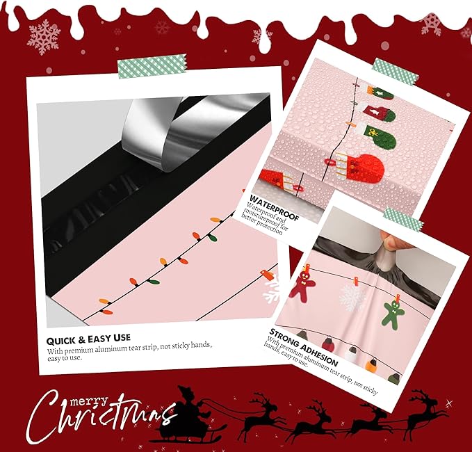 Christmas Poly Mailer 10x13 Inch 100 Pcs, Waterproof Shipping Bags with Self-Seal - Tear-Resistant, Christmas Lights Printed