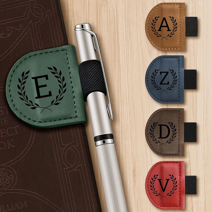 Personalized Bygone Mark Bookmark with Pen Holder,Engraving Leather Magnetic Bookmarks Vintage 26 Letters Name Initials Text Book Marker Clips Gifts for Reading Book Lovers Women (Brown, Q)