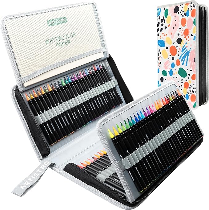 ARTISTRO 100 Watercolor Markers Teacher Appreciation Gifts – Brush Pens, Fineliner, Water Brush, Portable Bag – Vibrant, Washable, Non-Toxic – Ideal Gift for Women for Coloring, Calligraphy & Art