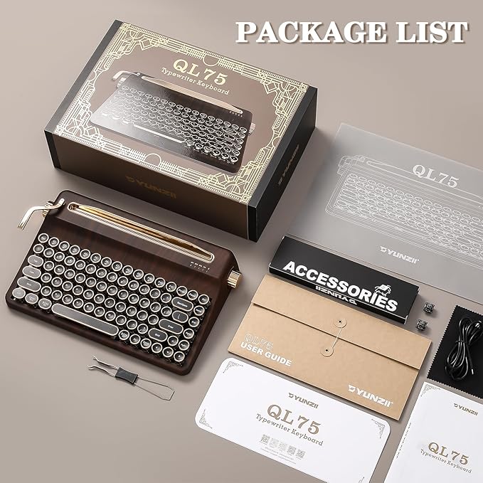 YUNZII QL75 Wireless Typewriter Hot Swap Retro Mechanical Keyboard,Punk Round Keycaps,RGB Backlit QMK/VIA Programmable, Multi-Device Keyboard with 2.4GHz/Type-C/BT5.0 (Wood, Cocoa Cream V2 Switch)