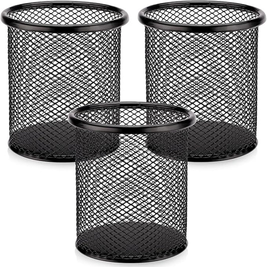 Segarty Pen Holder, 3 Pack Round Black Pen Cup Holder for Desk, Wire Mesh Pencil Containers Set for Office Supplies, School Maker, Home Desktop Accessories Organizer, Makeup Brush