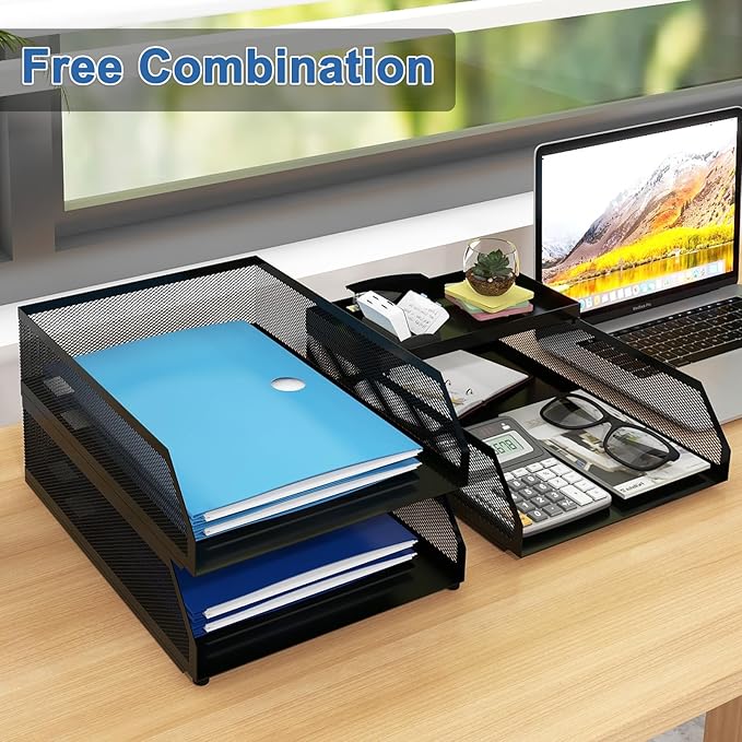 Natwind 3-Tier Stackable Paper Tray, Metal Mesh Desktop Organizer, Paper Sorter, Letter Trays,File Document Storage Rack for for Home, Office, School (Black)