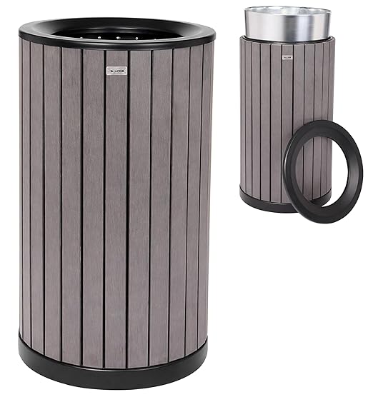 Alpine 32 Gallon Commercial Outdoor Trash Can - Heavy Duty Garbage Can Outdoor, Industrial Open Top Trash Can with Plastic Panels for Patio, Parks, Trails, Resorts (Flat Lid - Grey)