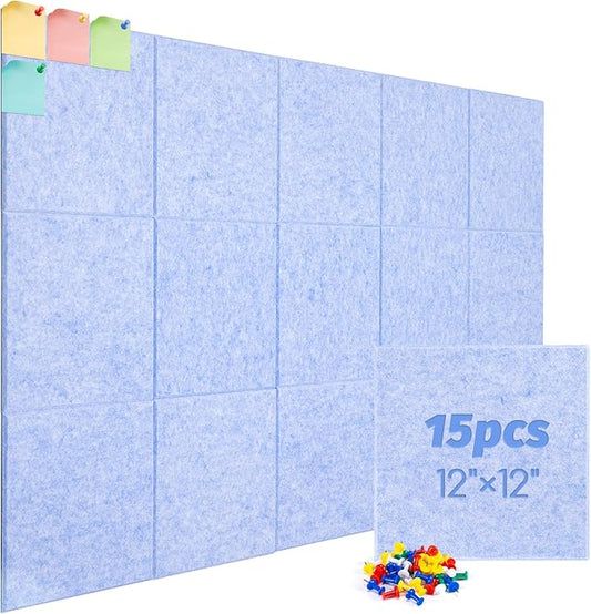 Large Cork Board Alternative, 15 Pack Felt Board with Safe Removable Adhesive Tabs Felt Wall Tiles, Large Cork Boards for Walls, Cork Board for Home Office, Pin Boards for Walls, Light Blue