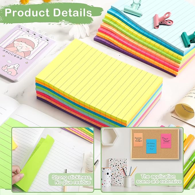 24 Pack Lined Sticky Notes 4 x 6 Inch Colorful Sticky Note Pads with Lines Bright Ruled Self Sticky Notes Memo Pad for Office Home Supplies, 50 Sheets per Pad, 1200 Sheets, 8 Colors