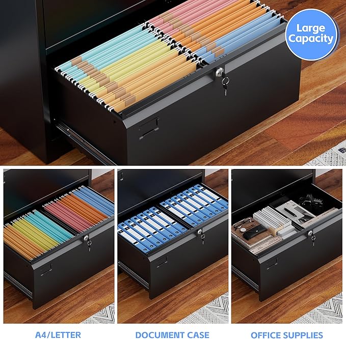 2 Drawer Lateral File Cabinet, Metal Wide Filing Cabinet with Independent Locks, Home Office Furniture for Hanging Files Letter/Legal/F4/A4 Size, Assembly Required, Black