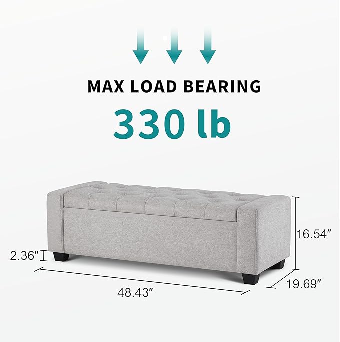 48" Ottoman with Storage, Storage Ottoman Bench with Safety Hinge, Upholstered Entryway Bench with Seating for Bedroom, Living Room, Holds up to 330 lb(Light Gray)