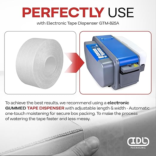 IDL Packaging 2.83" x 450 feet Reinforced Water-Activated Kraft Gummed Tape 30lb Thickness (Pack of 8) - Secure Paper Packing Tape for Secure Carton Sealing - Heavy-Duty for All Conditions, White