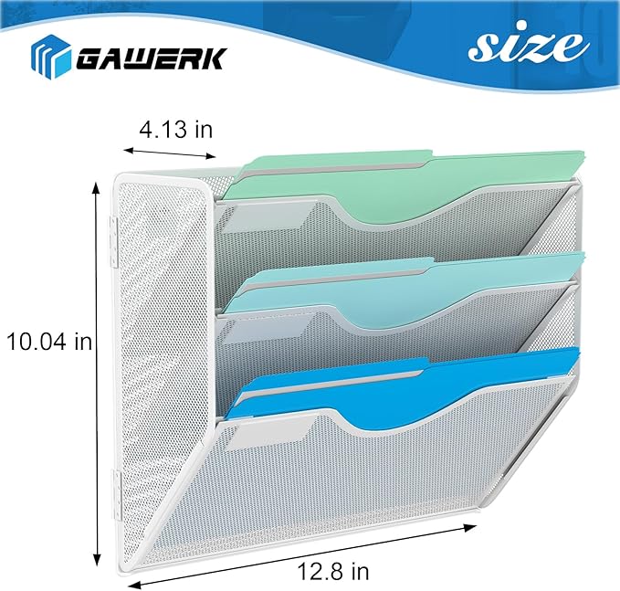 3 Tier Hanging Wall File Organizer, Mesh Mail Paper Orgnization Hanging File Folder Holder for Home Office, White