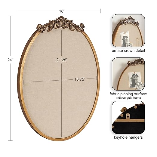 Kate and Laurel Arendahl Decorative Oval Pinboard, 18 x 24, Gold, Framed Round Ornate Vintage Cork Board for Use as Motivational Vision Board or Wall Organizer