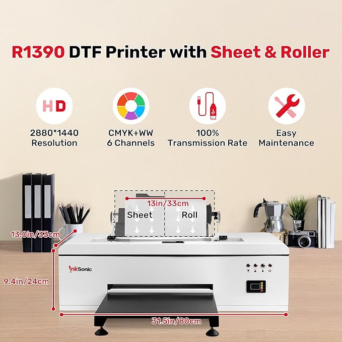 InkSonic R1390 DTF Printer Machine, A3 T Shirt Printing Machine with Oven, 13" DTF Printer Bundles, Direct to Film Heat Transfer, T-Shirt Maker for Clothes Design, Custom Garment Printing