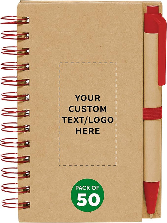 Custom Mini Spiral Notebooks with Black Ink Pens Set of 50, Personalized Bulk Pack - Perfect for School, Office, Business, Home - Red