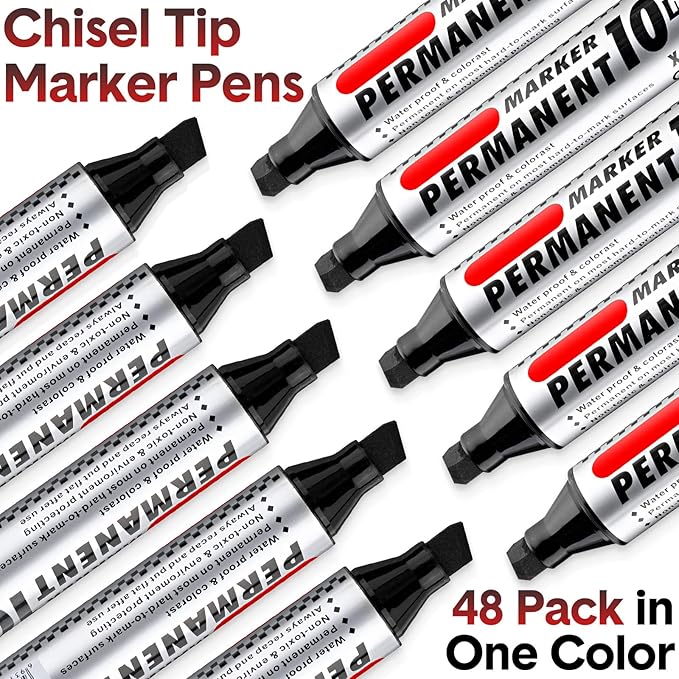 Thenshop 48 Pcs Jumbo Size Permanent Markers Bulk Waterproof Chisel Tip Marker Pens for Industrial Use Work on Wood Metal Plastic Stone Glass(Black)