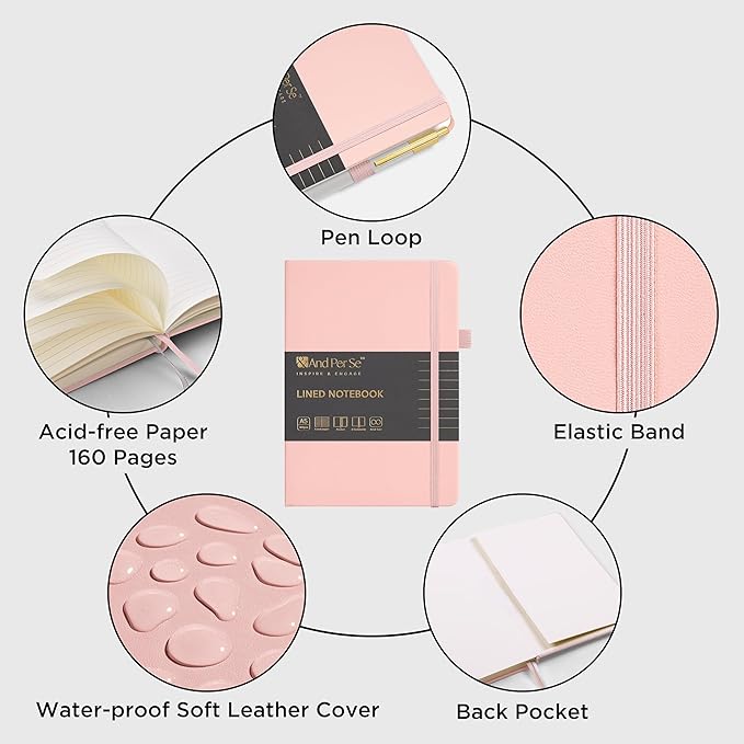 A5 Lined Leather Journal and Pen Set, Hardcover Notebook with Pen, 160 Pages 100gsm Thick Ruled Paper for Men Women, for Work, Business, School or Home Writing, 5.7'' x 8'' (Pink-Set1)