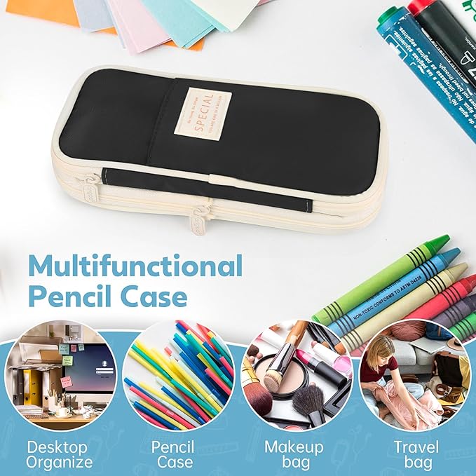 Pencil Case, Large Capacity Aesthetic Pencil Cases with Durable Zipper, Big Stationery Pencil Pouch for Women & Men, Adults Portable Storage Organizer Bag for College, office, Travel (Black)