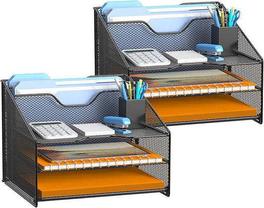 Samstar 2 Pack Mesh Desk File Organizer Letter Tray Holder, Desktop File Folder Holder with 3 Paper Trays and 2 Vertical Upright Section, Black