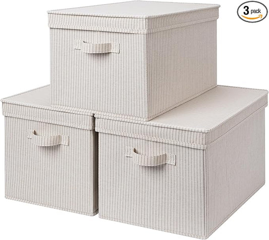 StorageWorks Storage Bins with Lids, Decorative Storage Boxes with Lid and Handles, Foldable Storage Baskets for Closet, Shelves, Stackable, Khaki Stripe, Jumbo, 3-Pack