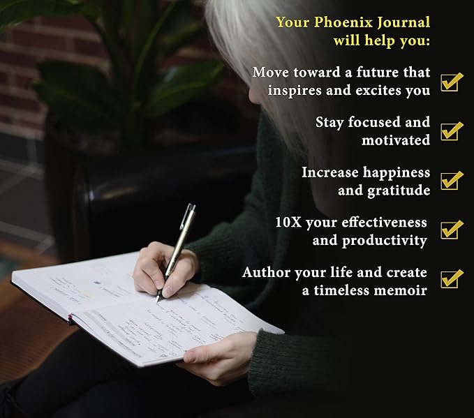 The Phoenix Journal - Best Daily Goal Planner, Organizer, & Calendar for Goal Setting, Gratitude, Happiness, & Productivity - Vision Board & Habit Tracking - 12 Weeks, Undated, Hardcover - Black