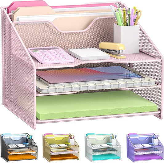 samstar Pink Desk File Organizer, Mesh Letter File Folder Holder with 3 Paper Trays and 2 Vertical Upright Section, for Office Supplies, Desk Accessories & Workspace, Pink