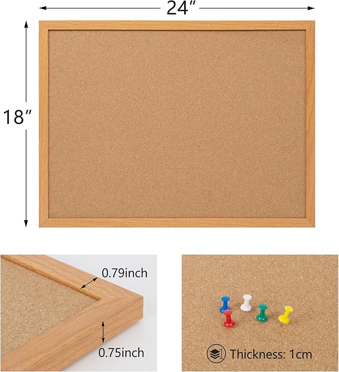 Board2by 2 Pack Cork Board Bulletin Board 18" x 24", Wood Framed Corkboards for Wall Decor, Hanging Office Message Board, Wall Mounted Notice Pin Board with 30 Push Pins for School, Home & Office