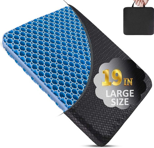Seat Cushion, Gel Seat Cushion for Long Sitting– Back, Sciatica, Tailbone Pain Relief Pad, 19in Seat Pad for Car, Office Chair, Wheelchair, Soft Support for Long Trips