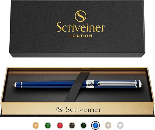 Scriveiner Midnight Blue Rollerball Pen - Stunning Blue Lacquer Luxury Pen, Chrome Finish, Schmidt Ink Refills, Men & Women, Professional, Executive Office, Nice Pen