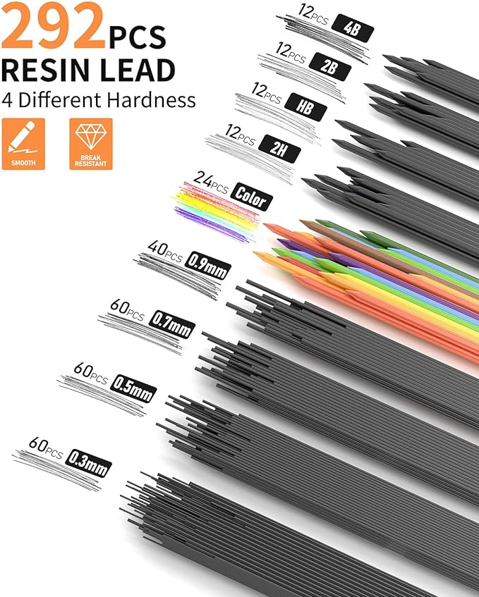 21PCS Metal Mechanical Pencil Set, Art Lead Pencil 0.3, 0.5, 0.7, 0.9, 2mm Holder(HB 2H 2B 4B Color) with 10 Tubes Graphite Lead Refills Eraser with Case for Drafting Drawing Sketching