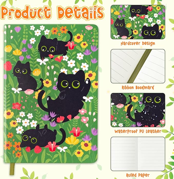 B1ykin Hardcover Ruled Journal Notebook with Planner Stickers, 196 Pages PU Leather Journal Notebook Journals Diary Notepad for Writing Travel Business Work School College Taking (Black Cat Floral)