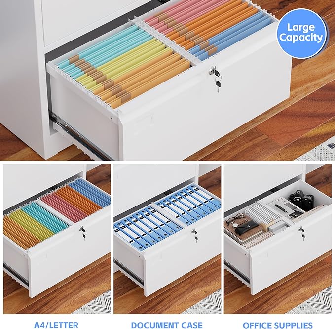 3 Drawer Lateral File Cabinet, Metal Wide Filing Cabinet with Independent Locks, Home Office Furniture for Hanging Files Letter/Legal/F4/A4 Size, Assembly Required, White
