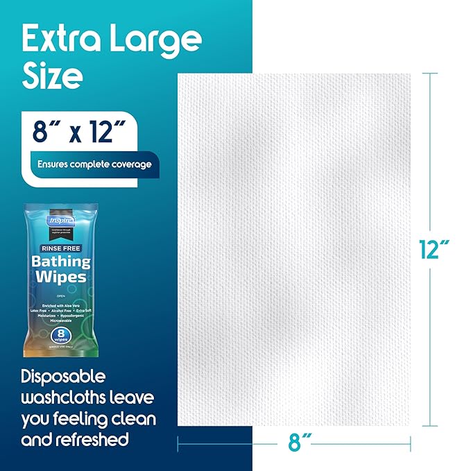 Inspire Rinse Free Body Wash Wipes | Bathing Wipes, Shower Wipes | Extra Large Adult Wipes With Aloe | Cleansing Adult Wipes | Body Wipes For Women And Men | Disposable Washcloths For Adults Bathing