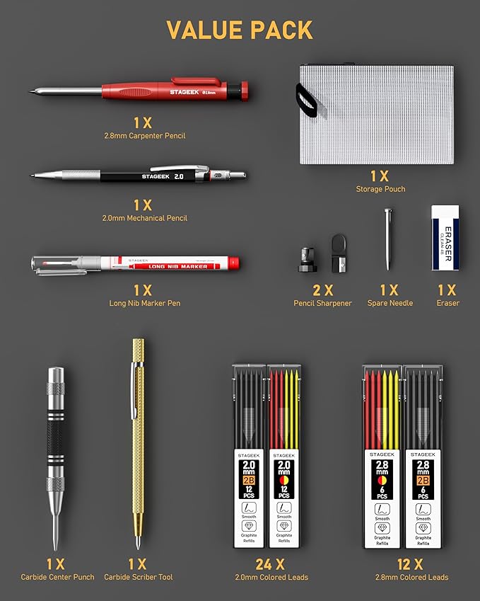 14 Pack Carpenter Pencil Set with Sharpener, Carpenter Pencils with Automatic Center Punch, Carbide Scribe Tool, Deep Hole Long-Nib Marker Pen & Construction Pencils for Architect with Pouch