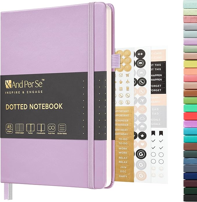 &And Per Se Dotted Journal Notebook, A5 Hardcover Leather Bullet Dotted Journal, 160 Pages 100 gsm Thick Dotted Paper，3 Sheets of Stickers Included - 5.7'' x 8'' (Light lavender)