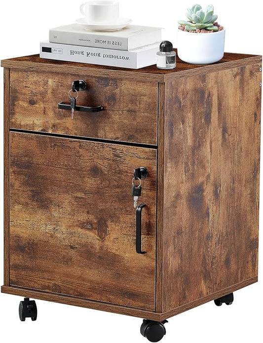 TUKAILAi Mobile File Cabinet with Lockable Drawer & Door, Under Desk Rolling Filing Cabinet with 4 Wheels, Wooden Stationery Storage Cabinet for Home Office (Rustic Brown)