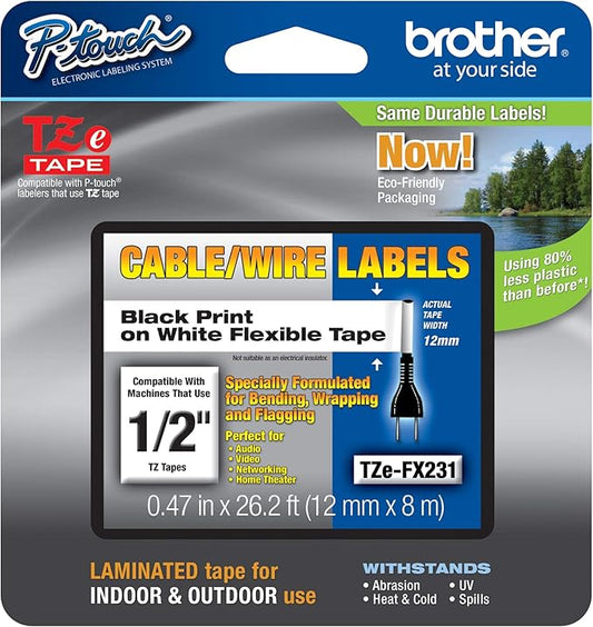 Brother Genuine P-touch TZE-FX231 Tape, 1/2" (0.47") Wide Flexible-ID Laminated Tape, Black on White, Best Suited for Wire Wrapping and Frlagging, Water-Resistant, 0.47" x 26.2' (12mm x 8M), TZEFX231