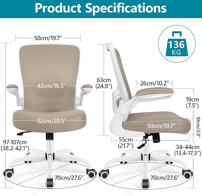 FelixKing Office Chair, Ergonomic Desk Chair Breathable Mesh Chairs with Adjustable High Back Lumbar Support Flip-up Armrests, Executive Swivel Comfy Task Computer Chairs for Home Office Khaki