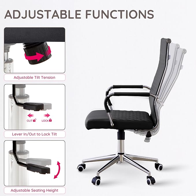 Livinia Modern Executive Office Chair with Patterned Back Design, Chrome & Leather Swivel Chair with High Back, Adjustable Height, Removable Armrests, and Wheels for Home Office (Black(Chrome))