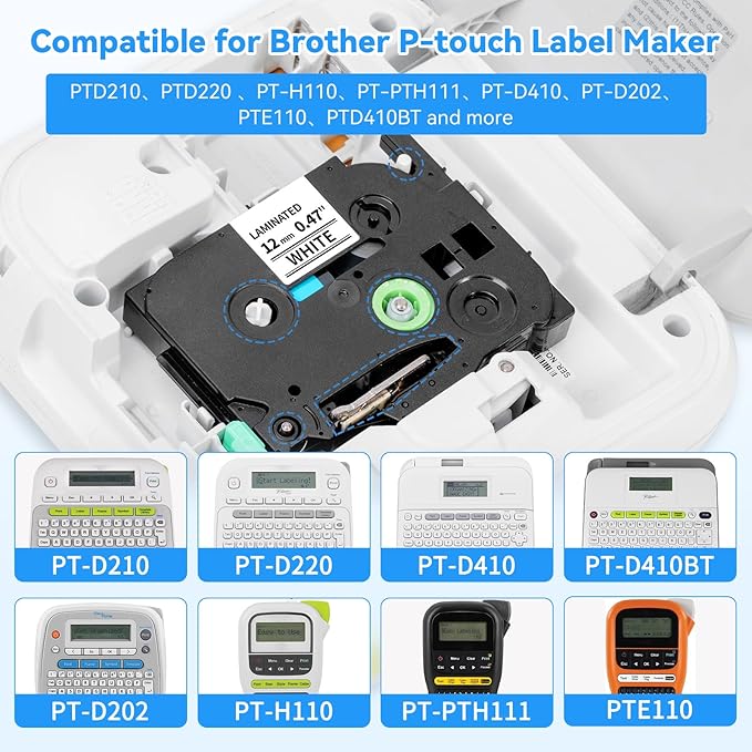 Compatible with Brother Label Maker Tape Refill Multi Color Tze TZ Tape 12mm 0.47" Laminated TZe 131 231 431 531 631 731 Replacement for Brother P-Touch PT-D210/D220/H110/D410 Label Makers, 6PK