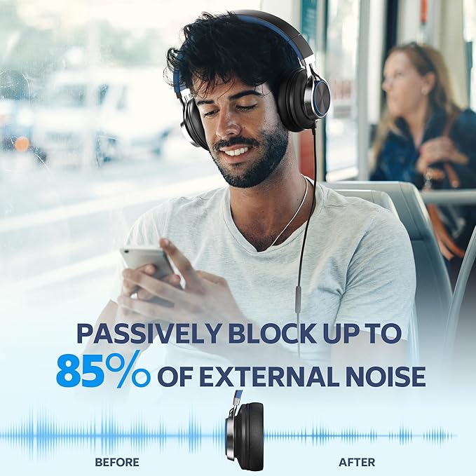 AC01 Over-Ear Headphones Wired, Passive Noise Isolating Corded Stereo Headsets with Mic Volume Control for Adults Teens 3.5mm for Chromebooks, Laptop, Computer, Tablets, Travel (Black Blue)