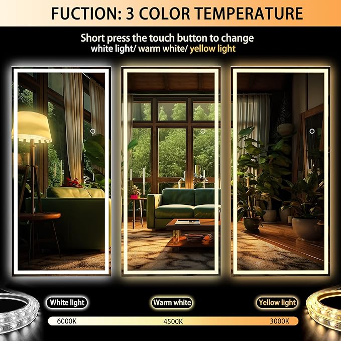 Hasipu Full Length Mirror with Lights, 79" x 32" LED Lighted Floor Standing Mirror, Full Body Dressing Hanging Mounted Mirrors, Dimmable, Tempered Glass, Safe to Use, Square White