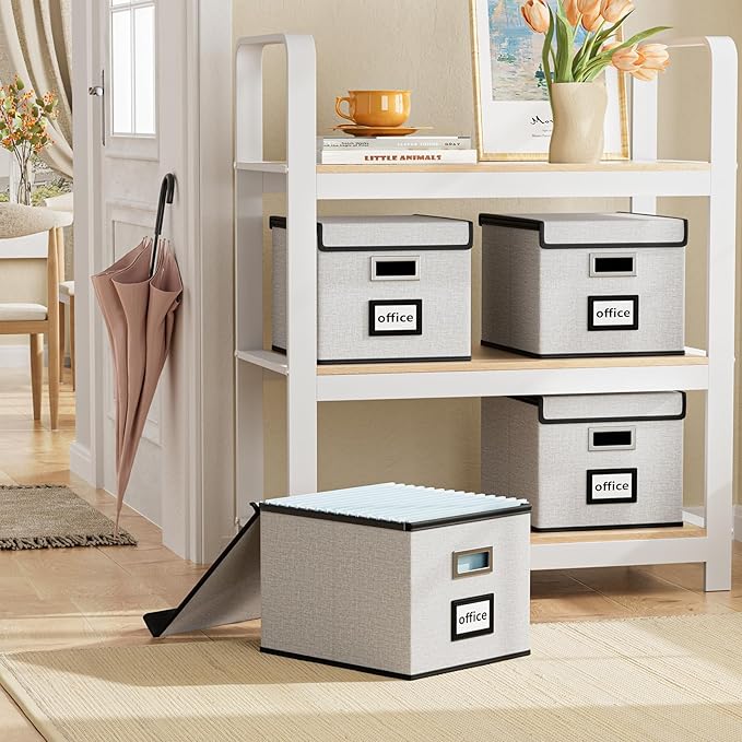 Huolewa Decorative File Storage Organizer Box with Lid, Portable Collapsible Linen Hanging Filing & Storage Boxes for Office/Decor/Home (White) - 14.9 x 12.7 x 10.8 inch - 1Pack