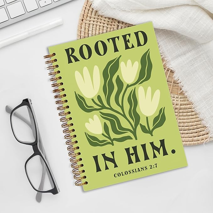 Bible Journal, A5 Spiral Christian Bible Green Flower Notebook, Rooted in Him, Bible Verse Gift for Women Men Birthday Christmas, Sunday School, Office Supplies, Bible Study (Green-flower)