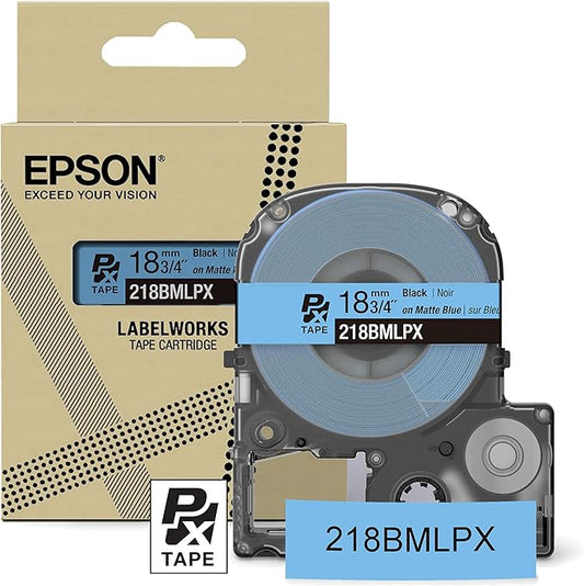 Epson LABELWORKS 218BMLPX Genuine PET (Polyester) Tape Cartridge - Black on Matte Blue Designer Craft Label Maker Tape - 3/4" (18MM) Wide, 26'