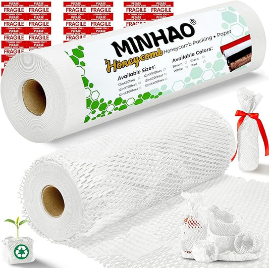Honeycomb Packing Paper, 12"x150' White | Perforated Honeycomb Packing Paper Recyclable Moving Supplies for Shipping & Moving | Plastic-Free Alternative to Bubble Cushion Wrap with 36 Fragile Stickers