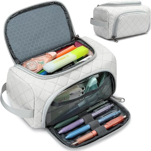 XQXA Extra Large Capacity Pencil Case Organizer, Multifunctional Pencil Pouch with Compartmens, Travel Pen Pouch Simple Stationery Pen Bag, Nylon Pencil Bag for Adults (Beige)